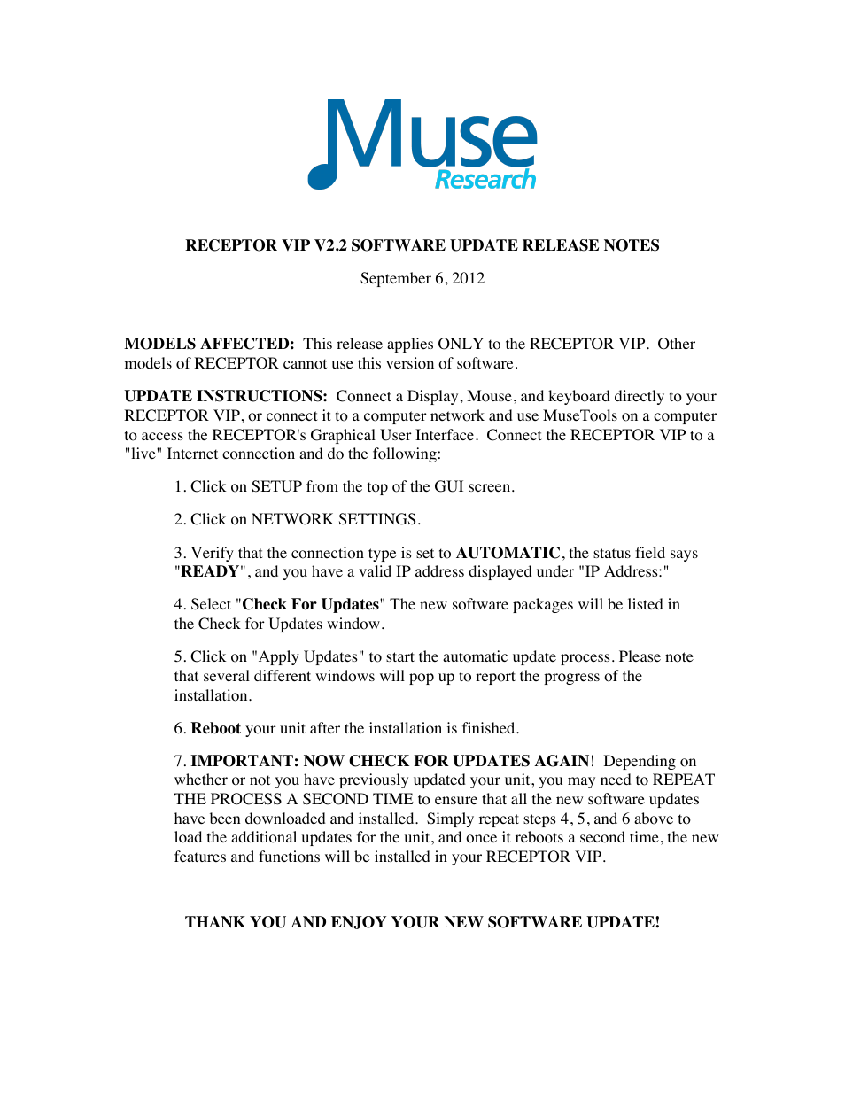 Muse Research Receptor VIP v2.2 Software release notes User Manual | 6 pages