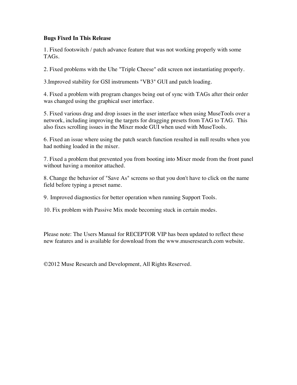 Muse Research Receptor VIP v2.2 Software release notes User Manual | Page 6 / 6