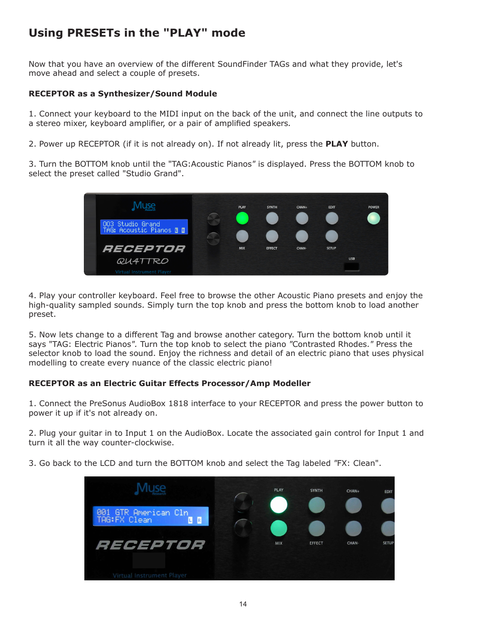 Using presets in the "play" mode | Muse Research Receptor TRIO/QU4TTRO manual v1.0 User Manual | Page 14 / 46