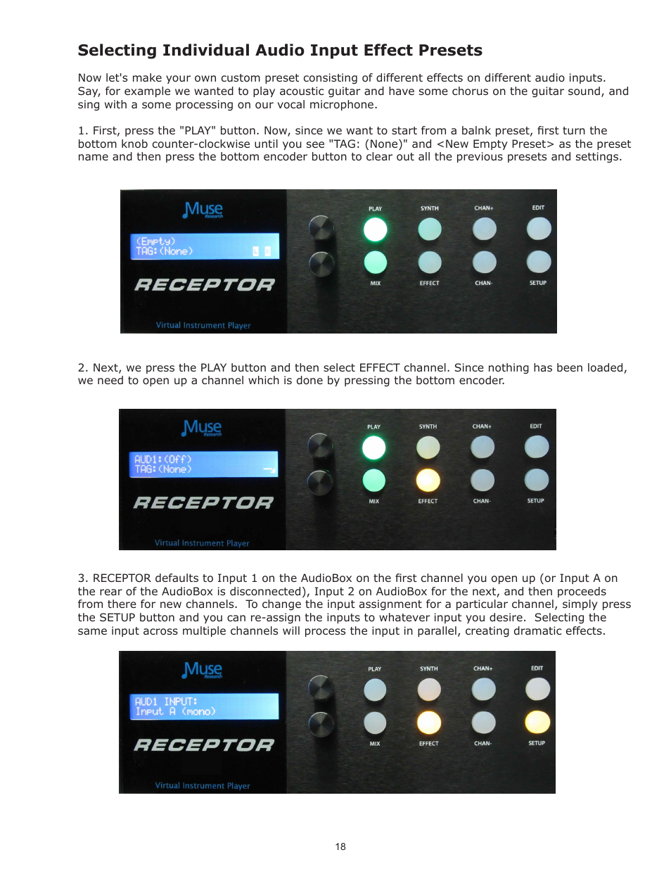 Selecting individual audio input effect presets | Muse Research Receptor TRIO/QU4TTRO manual v1.0 User Manual | Page 18 / 46