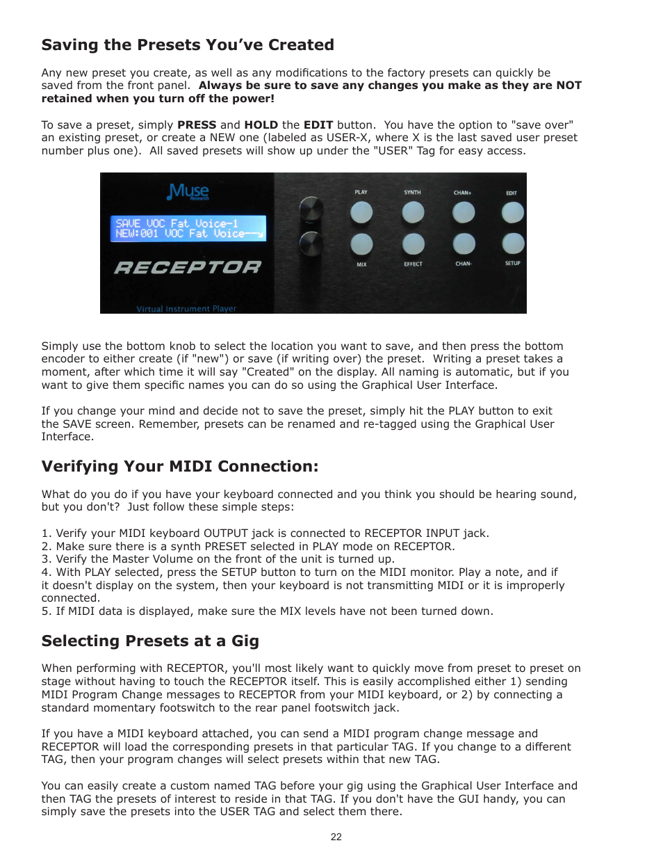 Saving the presets you’ve created, Verifying your midi connection, Selecting presets at a gig | Muse Research Receptor TRIO/QU4TTRO manual v1.0 User Manual | Page 22 / 46
