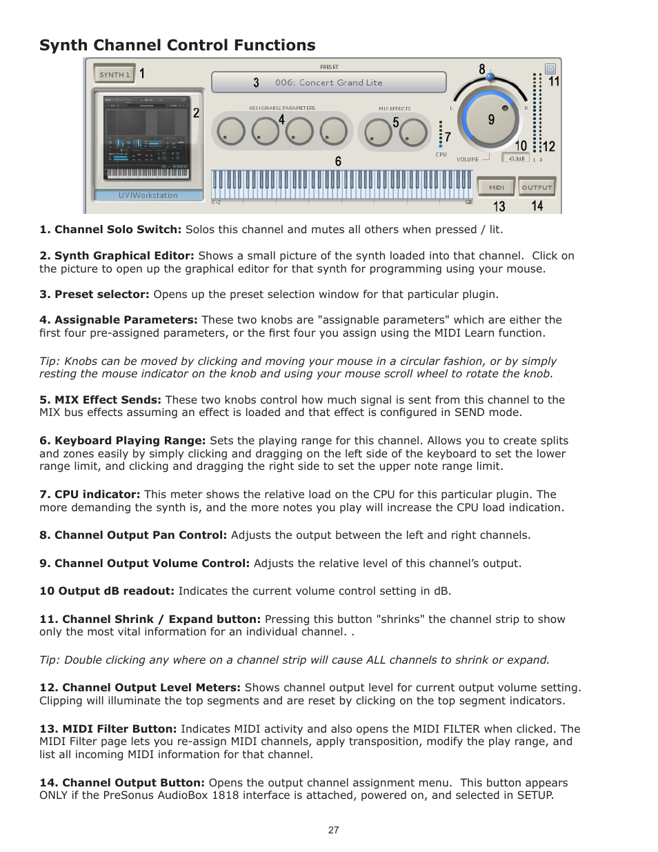 Synth channel control functions | Muse Research Receptor TRIO/QU4TTRO manual v1.0 User Manual | Page 27 / 46