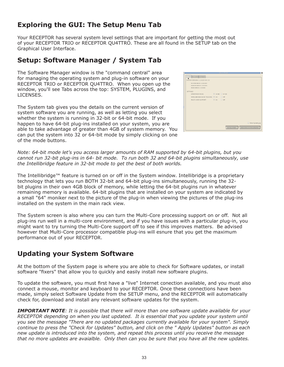 Exploring the gui: the setup menu tab, Setup: software manager / system tab, Updating your system software | Muse Research Receptor TRIO/QU4TTRO manual v1.0 User Manual | Page 33 / 46