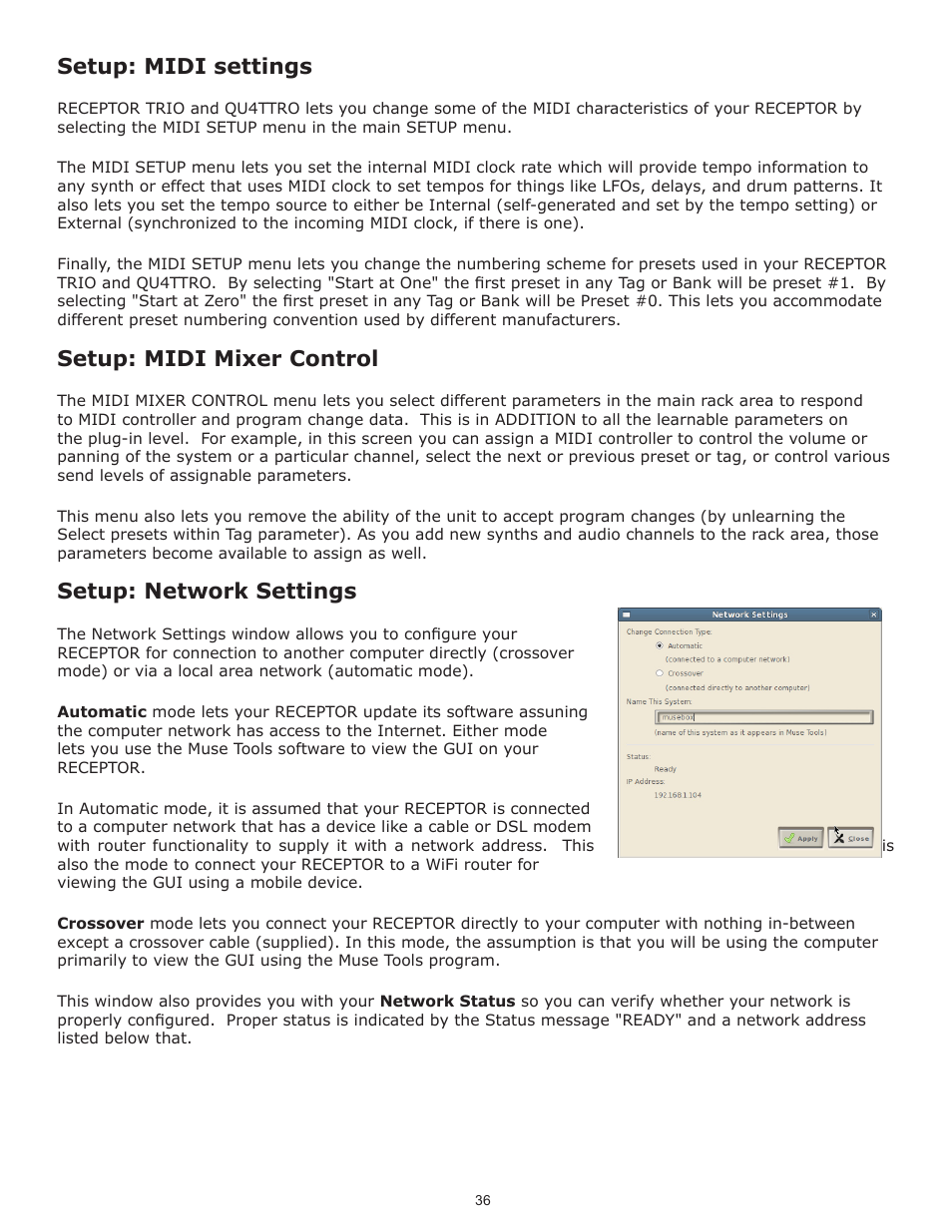 Setup: midi settings, Setup: midi mixer control, Setup: network settings | Muse Research Receptor TRIO/QU4TTRO manual v1.0 User Manual | Page 36 / 46