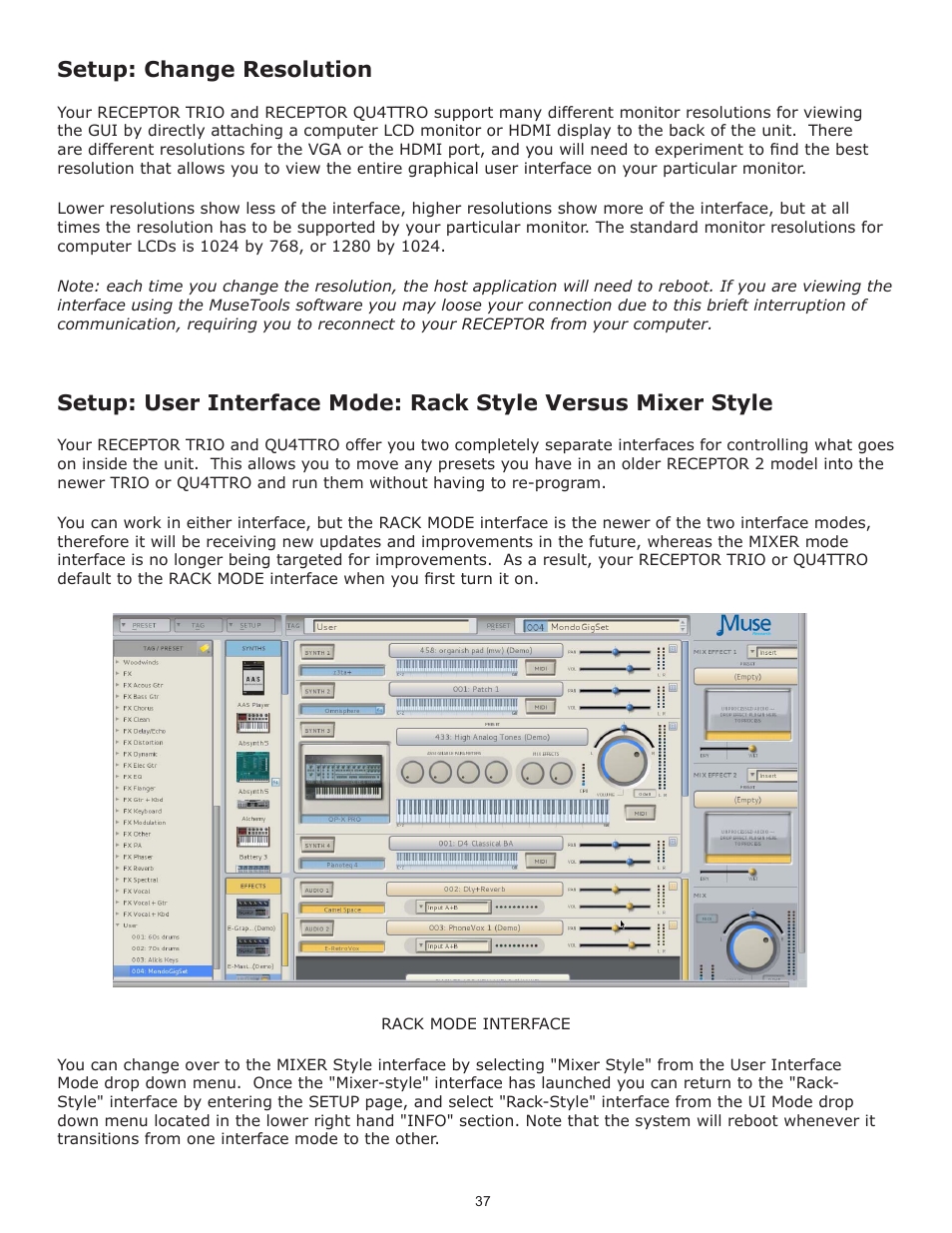 Setup: change resolution | Muse Research Receptor TRIO/QU4TTRO manual v1.0 User Manual | Page 37 / 46