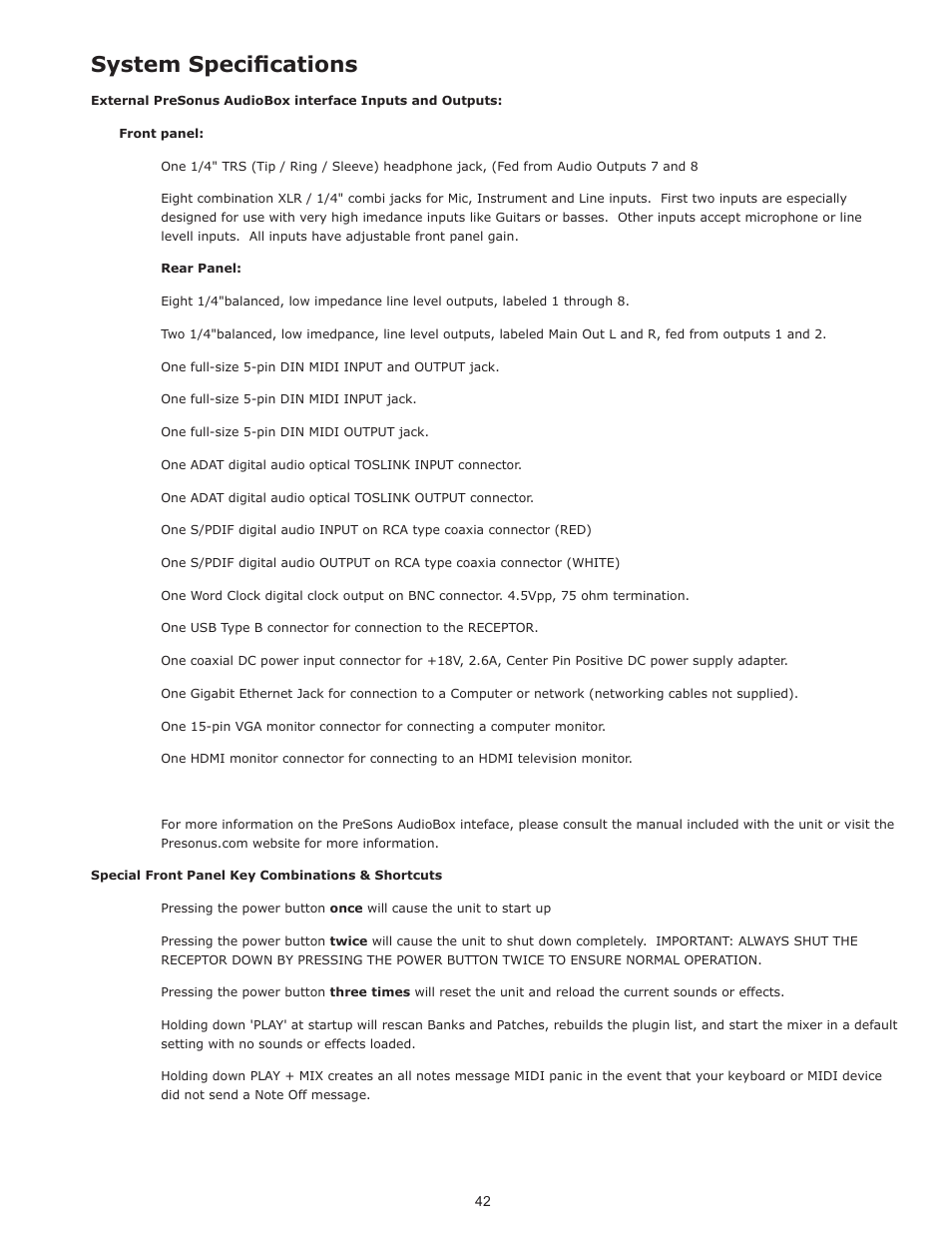 System specifications | Muse Research Receptor TRIO/QU4TTRO manual v1.0 User Manual | Page 42 / 46