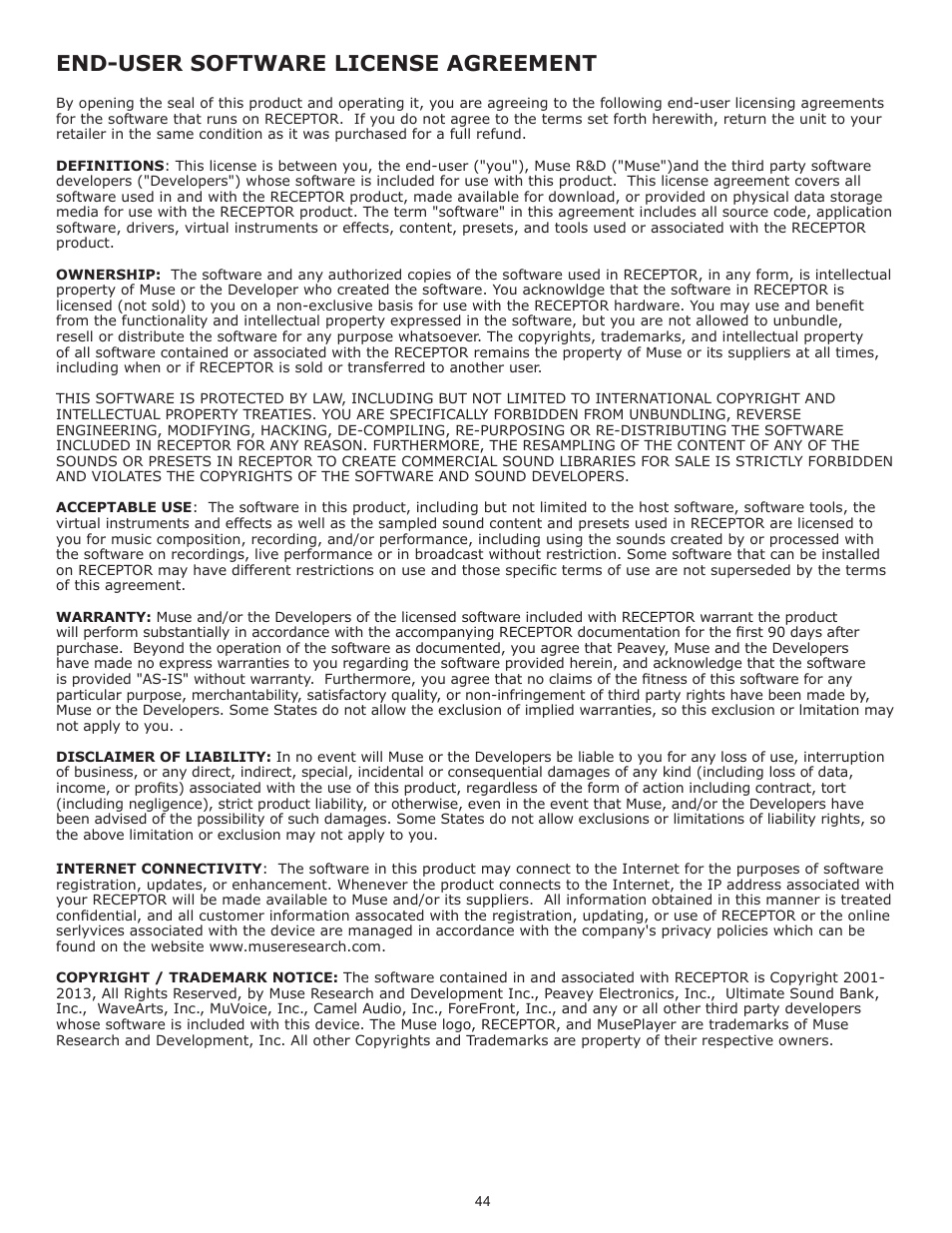 End-user software license agreement | Muse Research Receptor TRIO/QU4TTRO manual v1.0 User Manual | Page 44 / 46