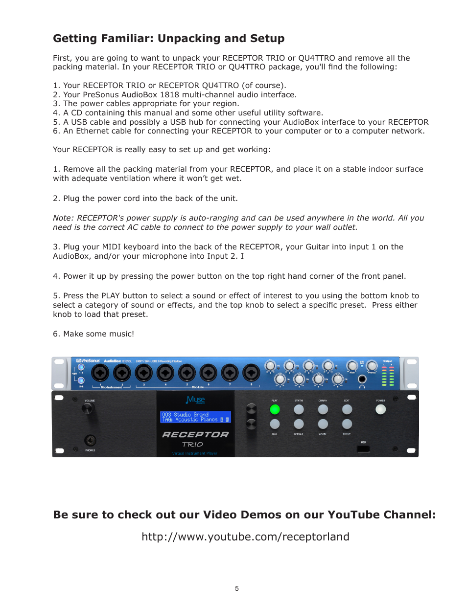 Getting familiar: unpacking and setup | Muse Research Receptor TRIO/QU4TTRO manual v1.0 User Manual | Page 5 / 46