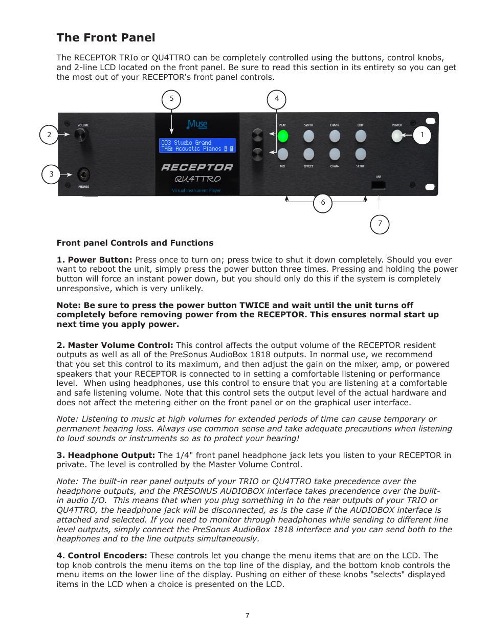 The front panel | Muse Research Receptor TRIO/QU4TTRO manual v1.0 User Manual | Page 7 / 46