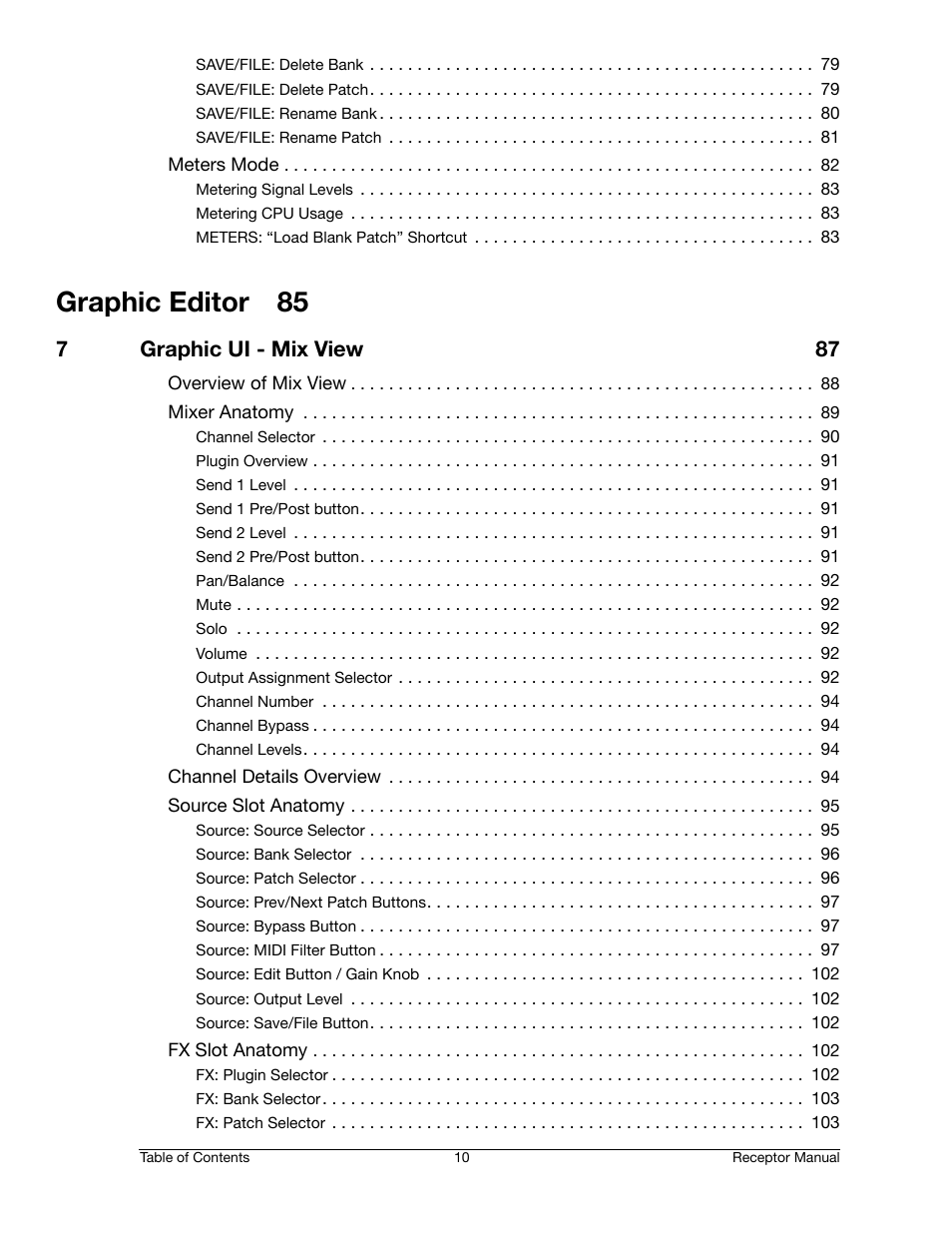 Graphic editor 85, 7graphic ui - mix view 87 | Muse Research Receptor manual v1.2 User Manual | Page 10 / 194