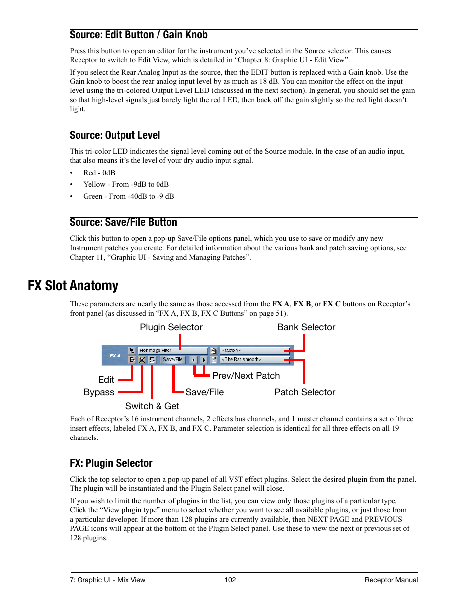 Source: edit button / gain knob, Source: output level, Source: save/file button | Fx slot anatomy, Fx: plugin selector | Muse Research Receptor manual v1.2 User Manual | Page 102 / 194