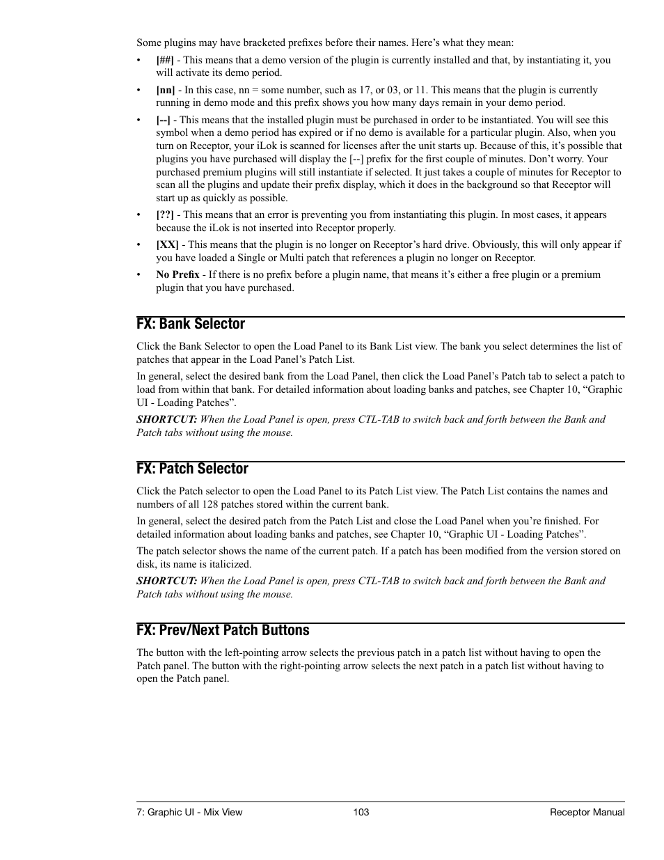 Fx: bank selector, Fx: patch selector, Fx: prev/next patch buttons | Muse Research Receptor manual v1.2 User Manual | Page 103 / 194