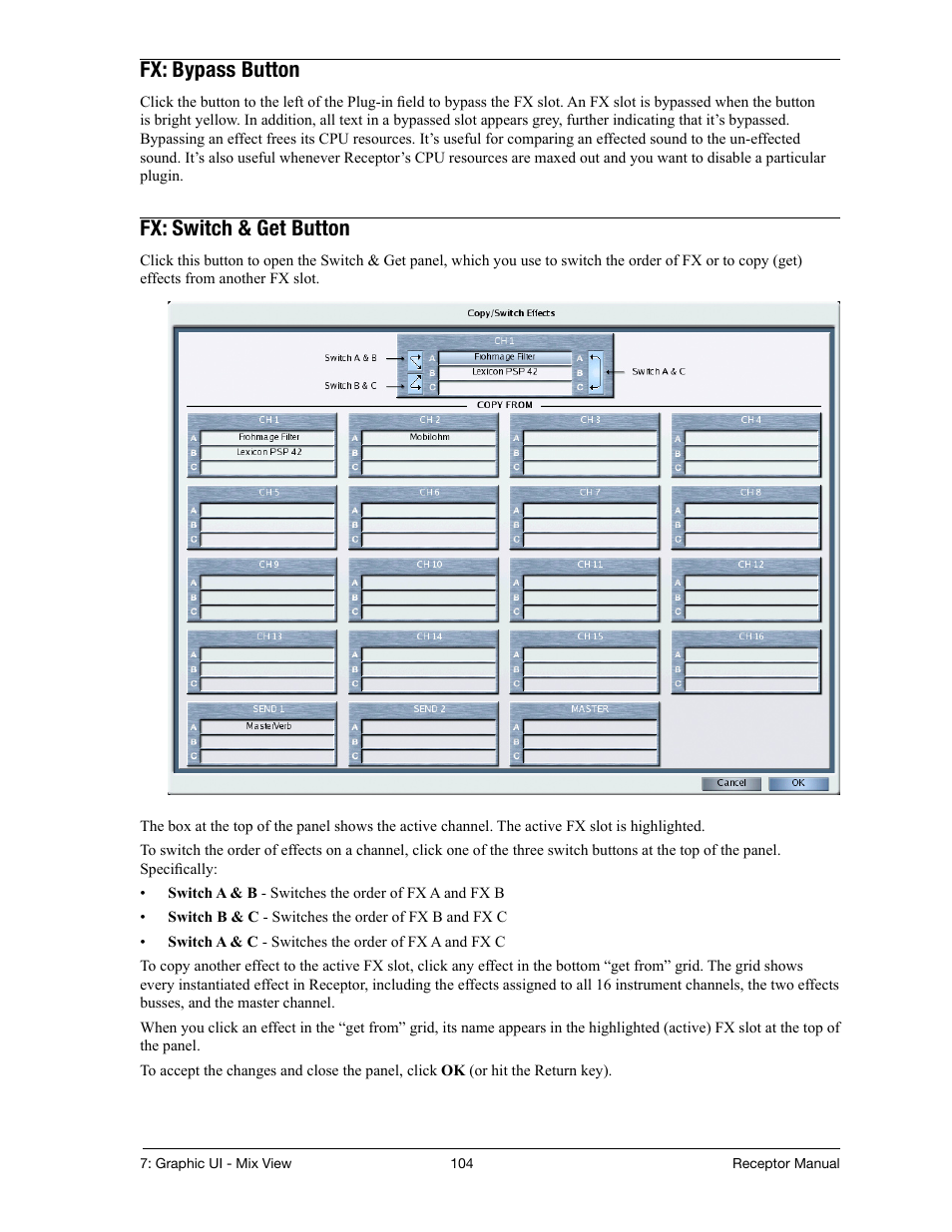 Fx: bypass button, Fx: switch & get button | Muse Research Receptor manual v1.2 User Manual | Page 104 / 194