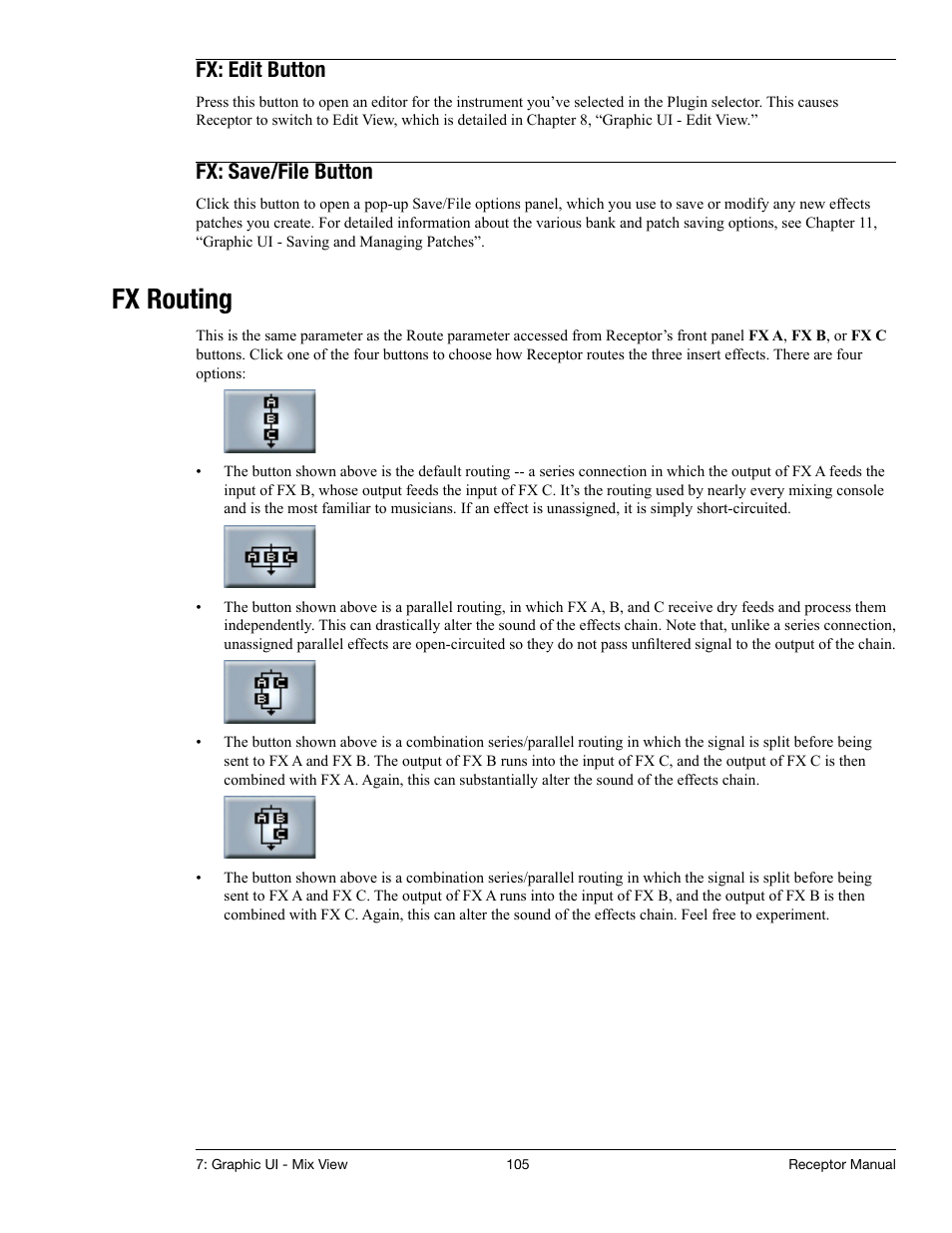 Fx: edit button, Fx: save/file button, Fx routing | Muse Research Receptor manual v1.2 User Manual | Page 105 / 194