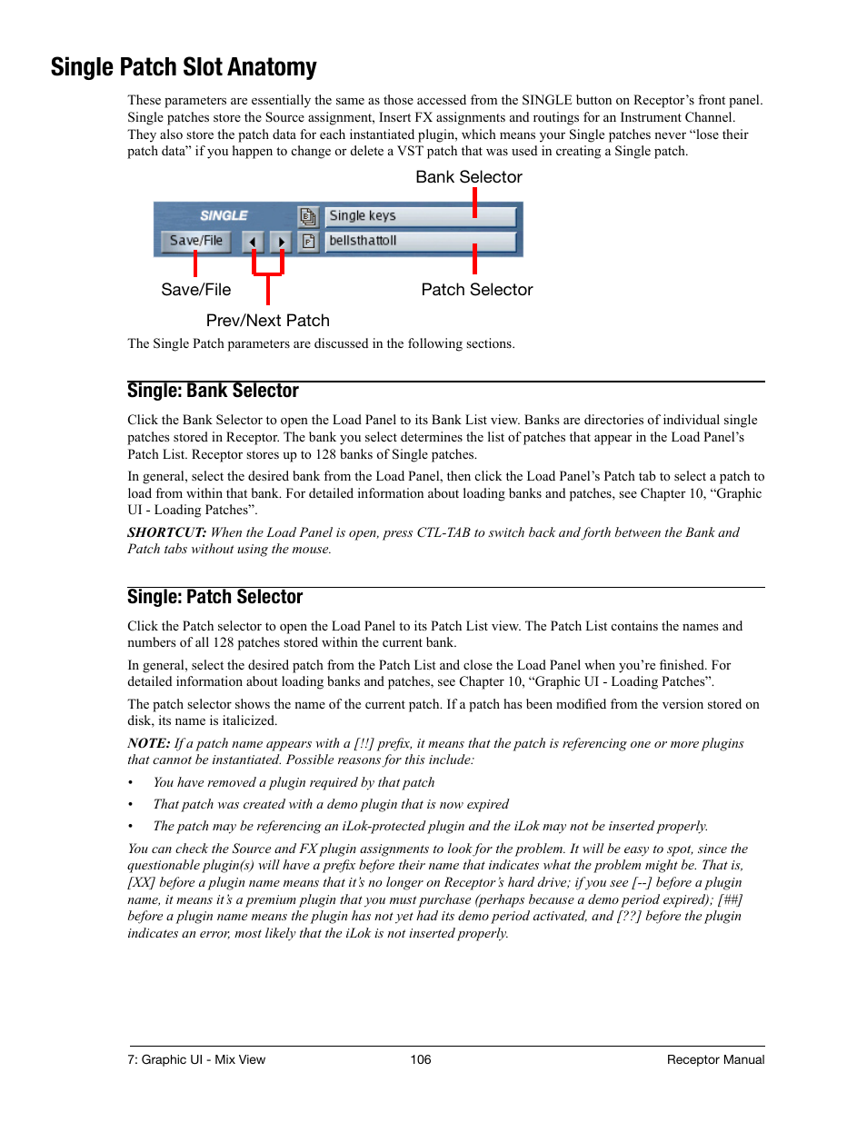 Single patch slot anatomy, Single: bank selector, Single: patch selector | Muse Research Receptor manual v1.2 User Manual | Page 106 / 194