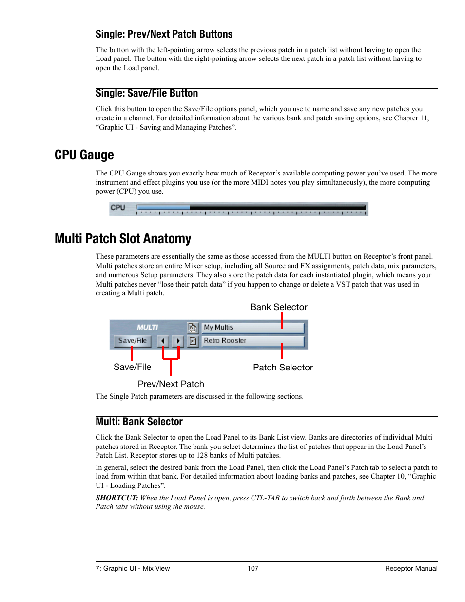 Single: prev/next patch buttons, Single: save/file button, Cpu gauge | Multi patch slot anatomy, Multi: bank selector | Muse Research Receptor manual v1.2 User Manual | Page 107 / 194