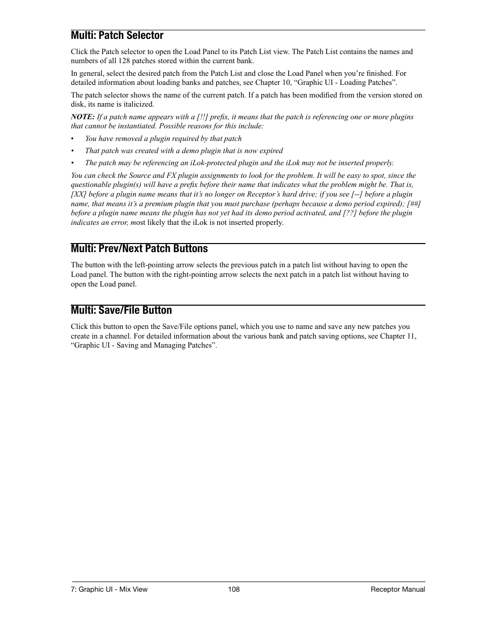 Multi: patch selector, Multi: prev/next patch buttons, Multi: save/file button | Muse Research Receptor manual v1.2 User Manual | Page 108 / 194