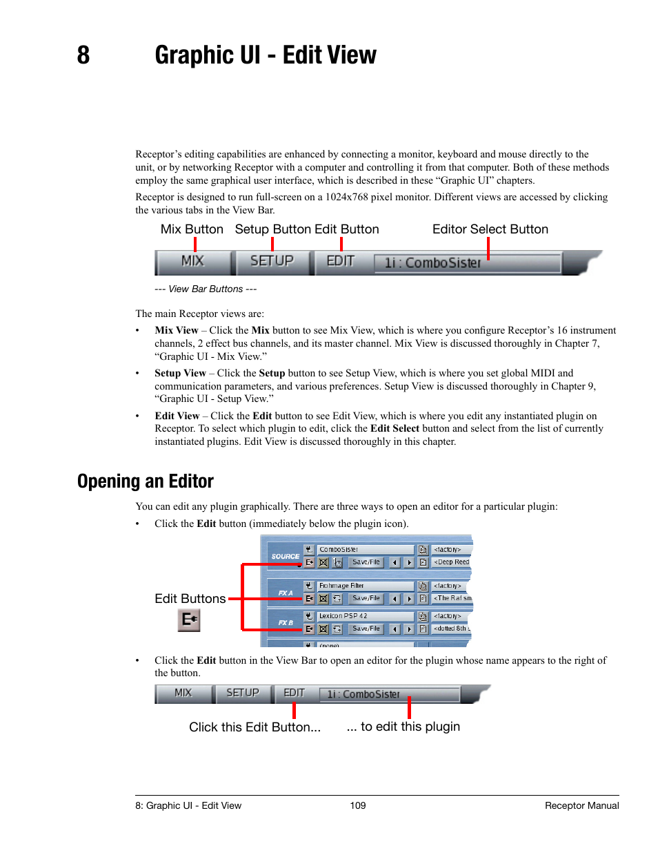 8 graphic ui - edit view, Opening an editor, Graphic ui - edit view | 8graphic ui - edit view | Muse Research Receptor manual v1.2 User Manual | Page 109 / 194