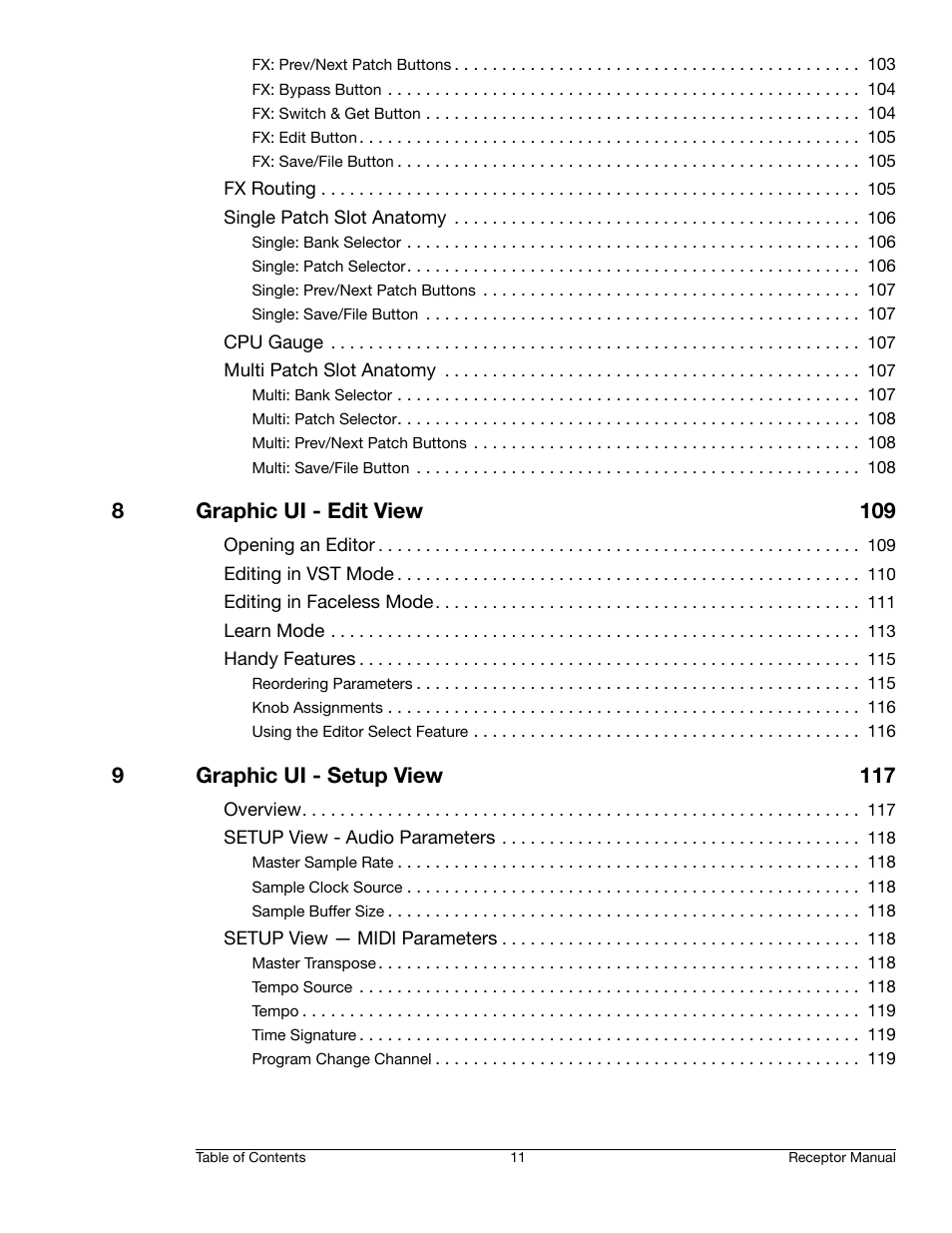 8graphic ui - edit view 109, 9graphic ui - setup view 117 | Muse Research Receptor manual v1.2 User Manual | Page 11 / 194