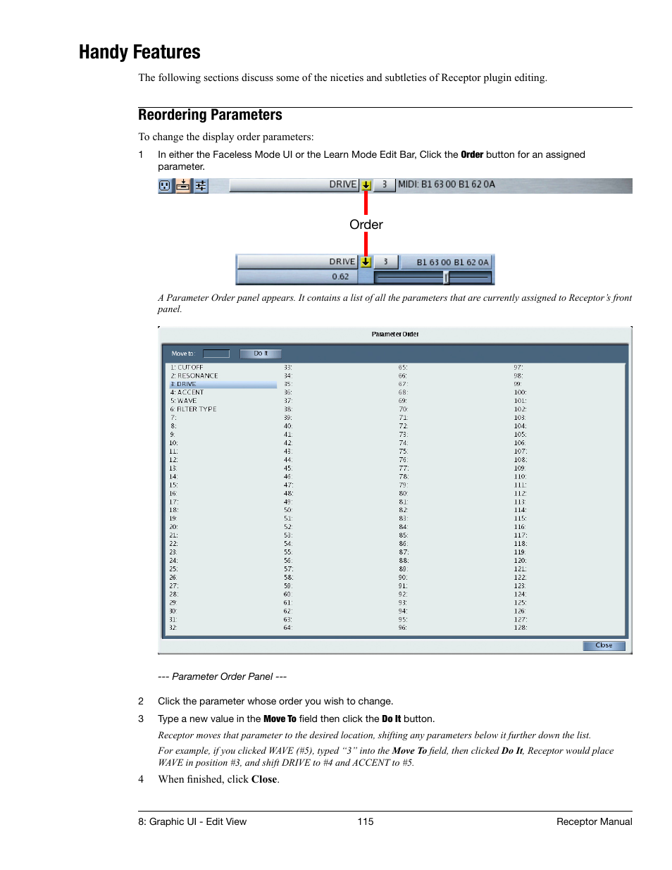 Handy features, Reordering parameters | Muse Research Receptor manual v1.2 User Manual | Page 115 / 194