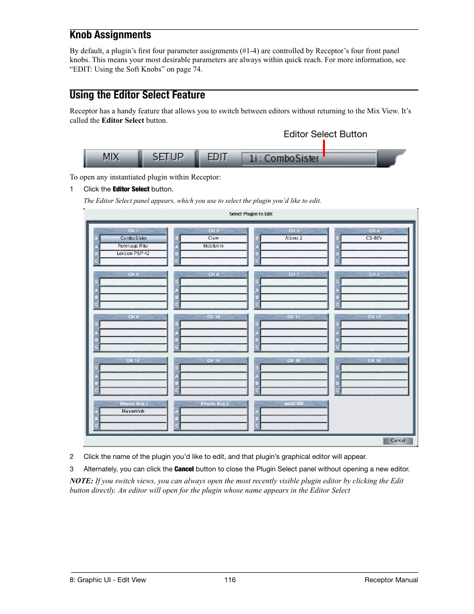 Knob assignments, Using the editor select feature | Muse Research Receptor manual v1.2 User Manual | Page 116 / 194