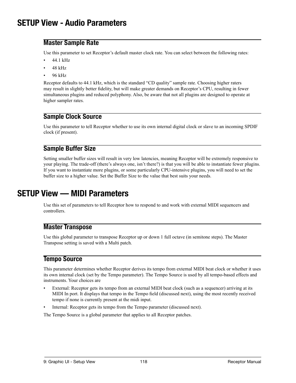 Setup view - audio parameters, Master sample rate, Sample clock source | Sample buffer size, Setup view — midi parameters, Master transpose, Tempo source | Muse Research Receptor manual v1.2 User Manual | Page 118 / 194