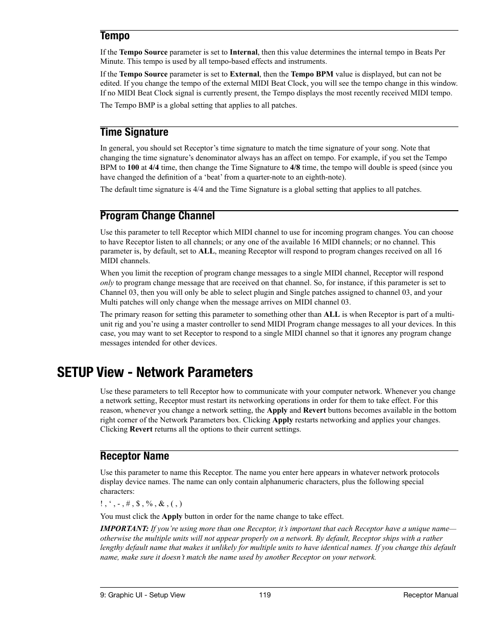 Tempo, Time signature, Program change channel | Setup view - network parameters, Receptor name | Muse Research Receptor manual v1.2 User Manual | Page 119 / 194