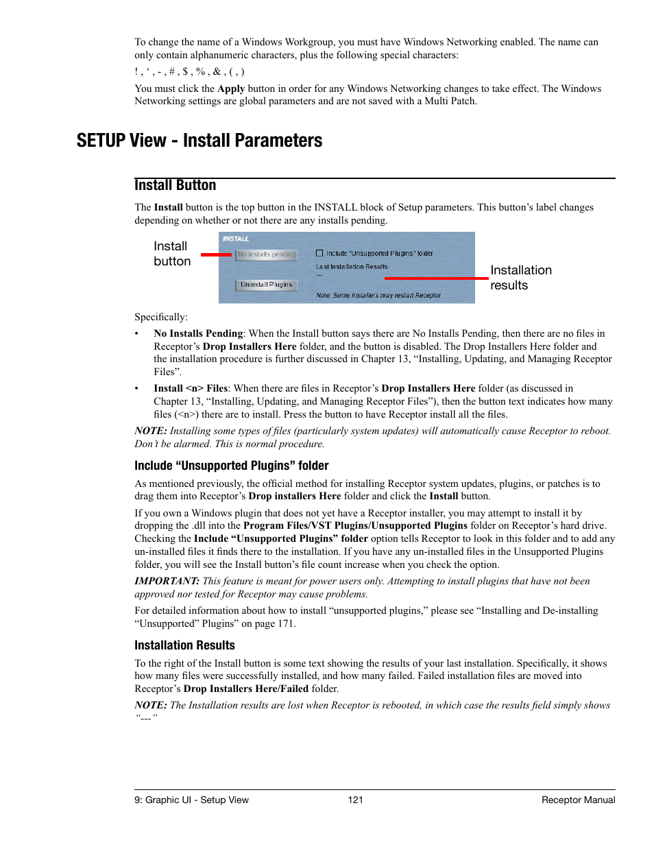 Setup view - install parameters, Install button | Muse Research Receptor manual v1.2 User Manual | Page 121 / 194