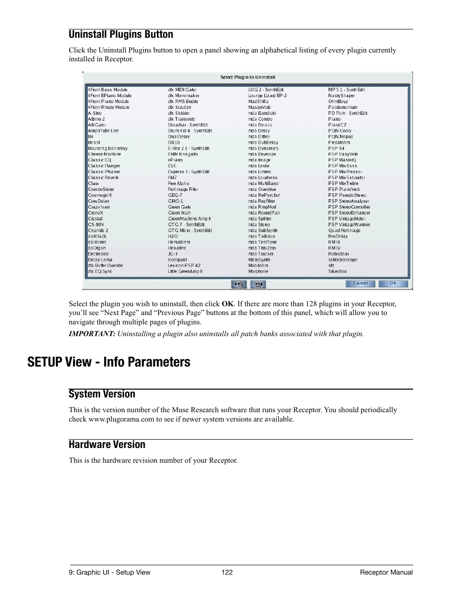Uninstall plugins button, Setup view - info parameters, System version | Hardware version | Muse Research Receptor manual v1.2 User Manual | Page 122 / 194