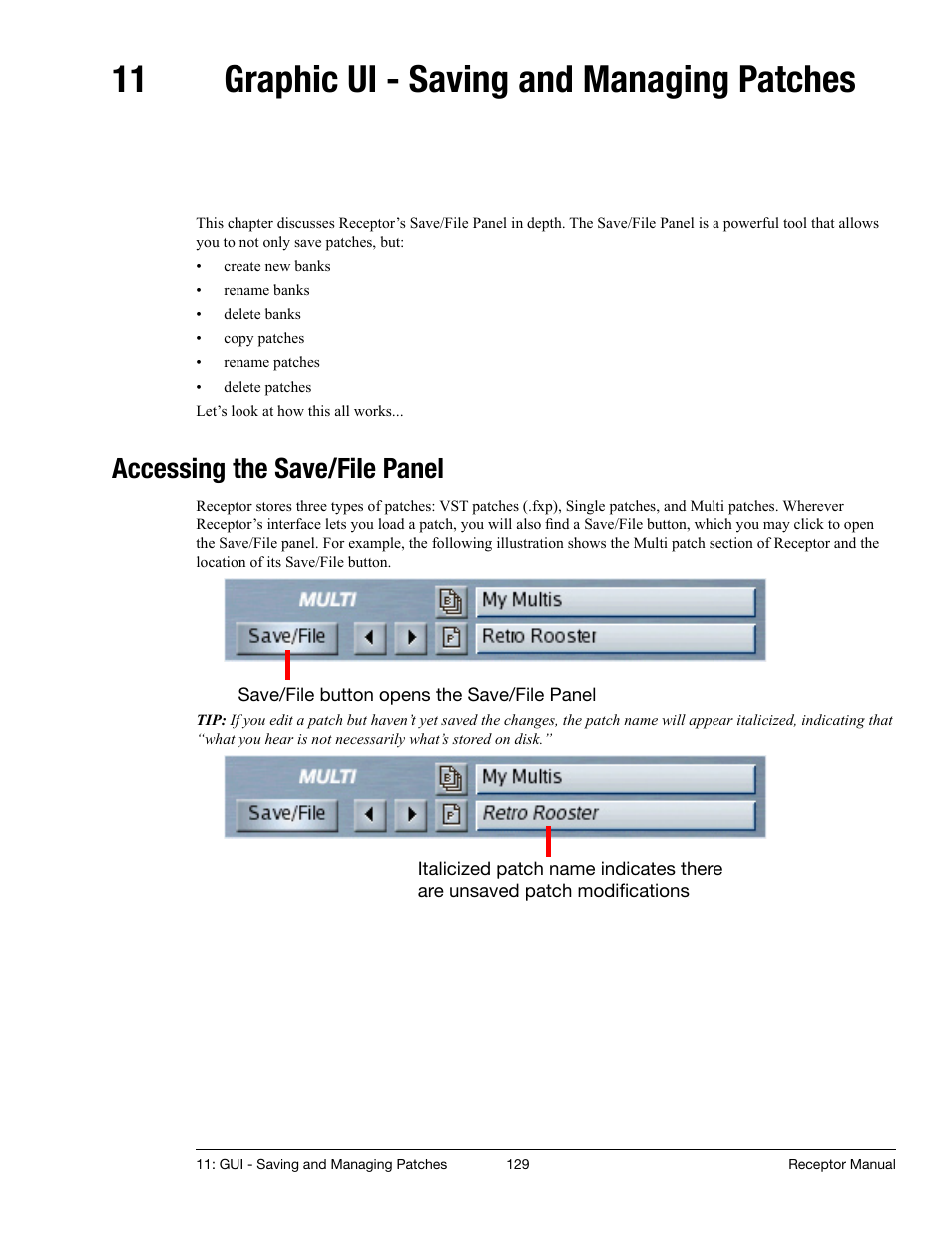 11 graphic ui - saving and managing patches, Accessing the save/file panel, Graphic ui - saving and managing patches | Muse Research Receptor manual v1.2 User Manual | Page 129 / 194