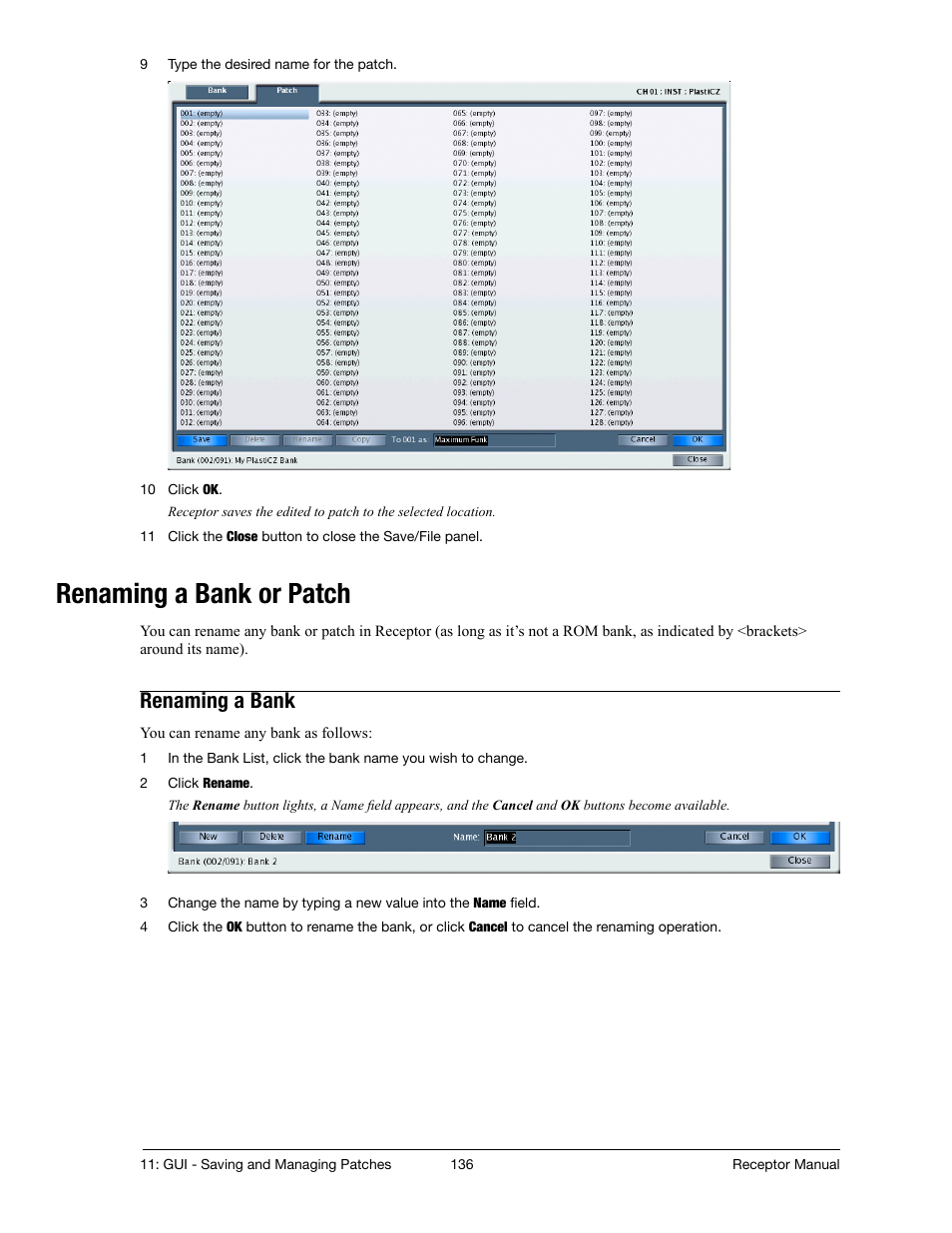 Renaming a bank or patch, Renaming a bank | Muse Research Receptor manual v1.2 User Manual | Page 136 / 194