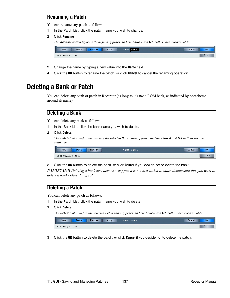 Renaming a patch, Deleting a bank or patch, Deleting a bank | Deleting a patch | Muse Research Receptor manual v1.2 User Manual | Page 137 / 194