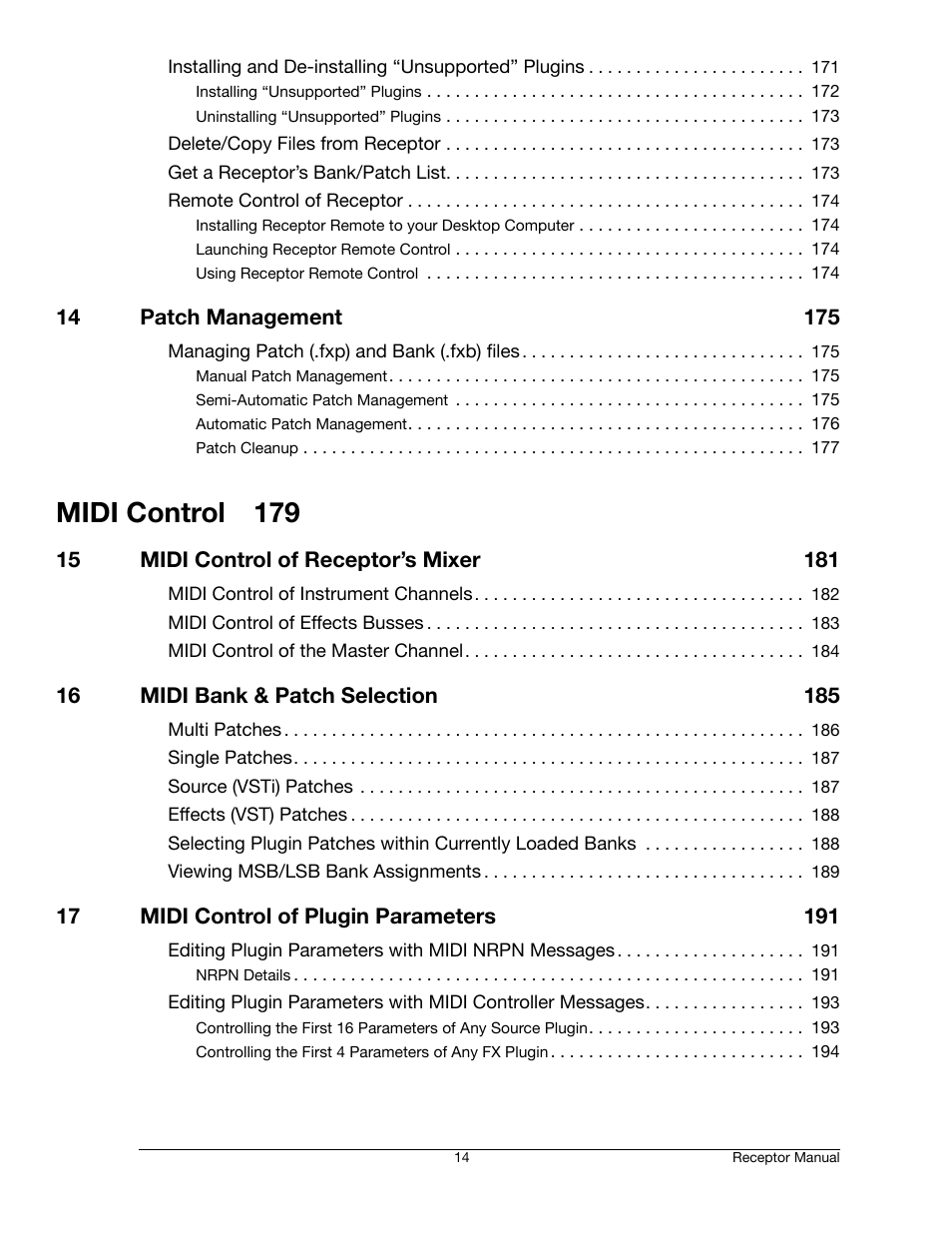 Midi control 179 | Muse Research Receptor manual v1.2 User Manual | Page 14 / 194