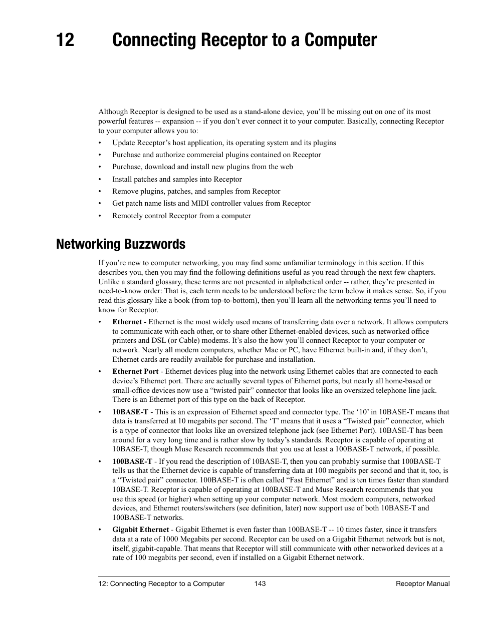 12 connecting receptor to a computer, Networking buzzwords, Connecting receptor to a computer | Muse Research Receptor manual v1.2 User Manual | Page 143 / 194