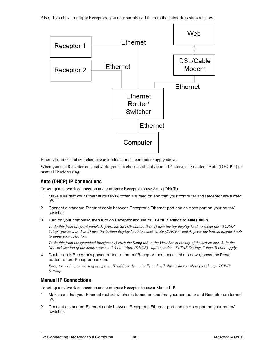 Auto (dhcp) ip connections, Manual ip connections | Muse Research Receptor manual v1.2 User Manual | Page 148 / 194