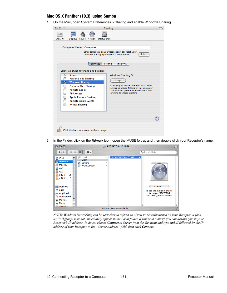 Mac os x panther (10.3), using samba | Muse Research Receptor manual v1.2 User Manual | Page 151 / 194