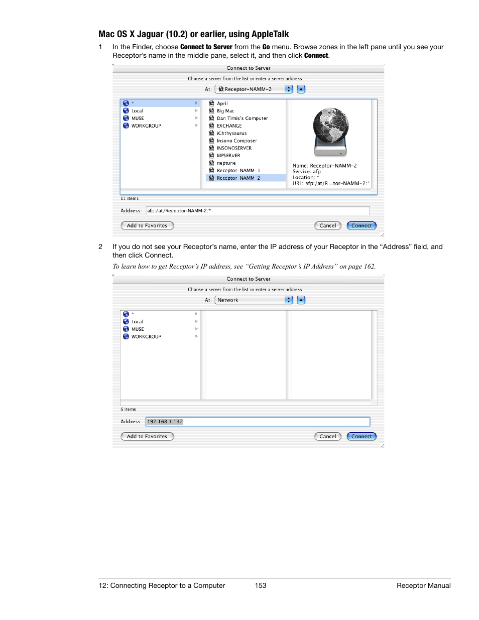 Mac os x jaguar (10.2) or earlier, using appletalk | Muse Research Receptor manual v1.2 User Manual | Page 153 / 194
