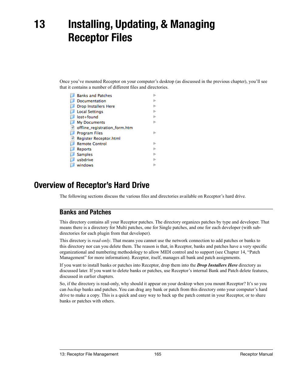 13 installing, updating, & managing receptor files, Overview of receptor’s hard drive, Banks and patches | Installing, updating, & managing receptor files | Muse Research Receptor manual v1.2 User Manual | Page 165 / 194