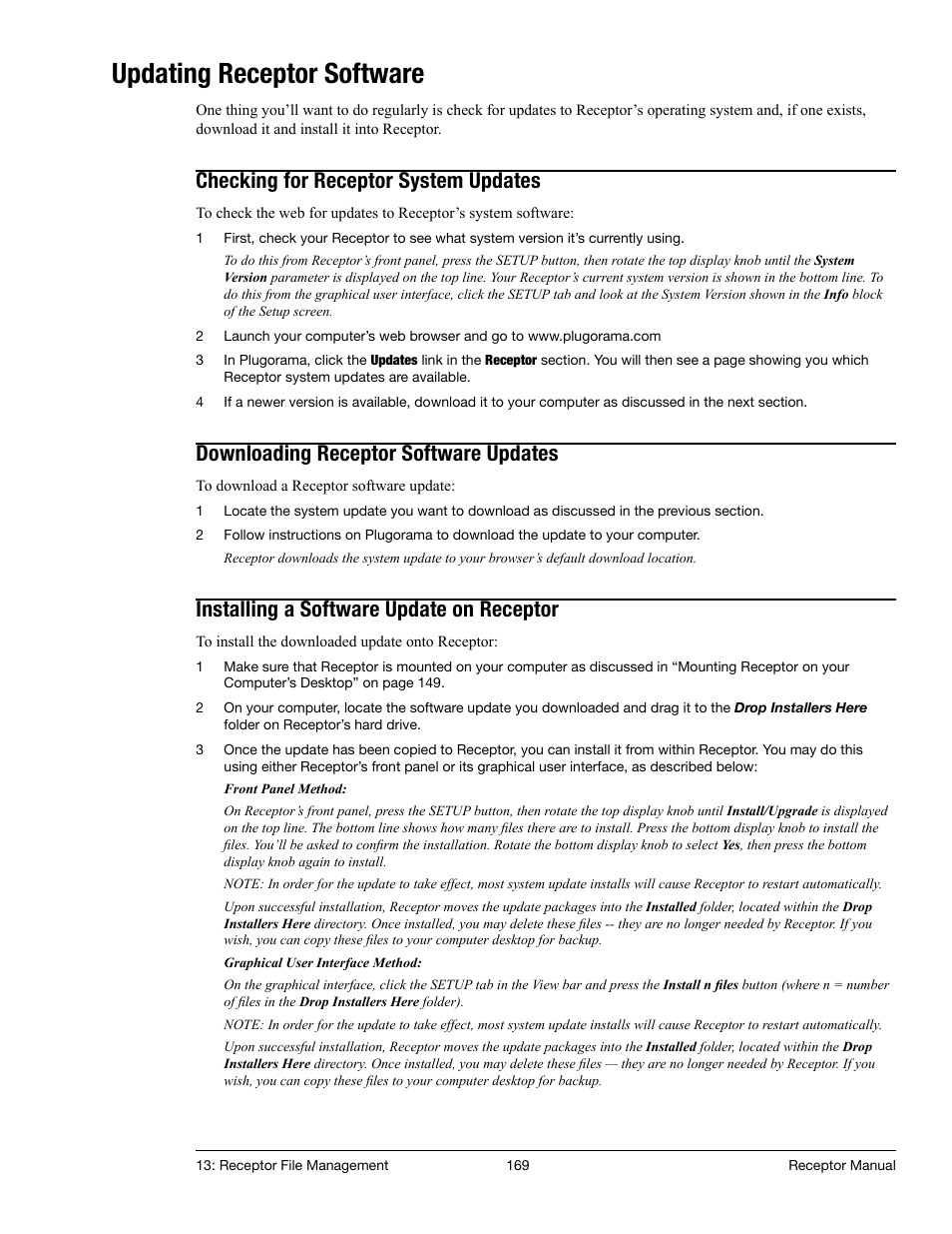 Updating receptor software, Checking for receptor system updates, Downloading receptor software updates | Installing a software update on receptor | Muse Research Receptor manual v1.2 User Manual | Page 169 / 194