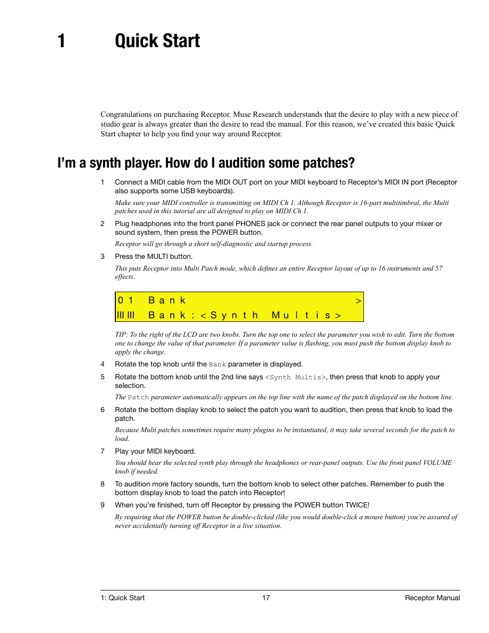 1 quick start, I’m a synth player. how do i audition some patches, Quick start | 1quick start | Muse Research Receptor manual v1.2 User Manual | Page 17 / 194