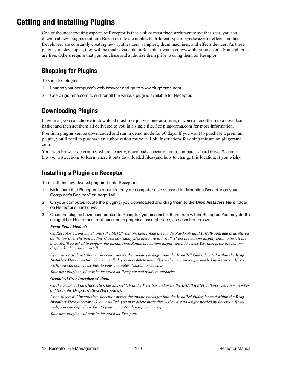 Getting and installing plugins, Shopping for plugins, Downloading plugins | Installing a plugin on receptor | Muse Research Receptor manual v1.2 User Manual | Page 170 / 194