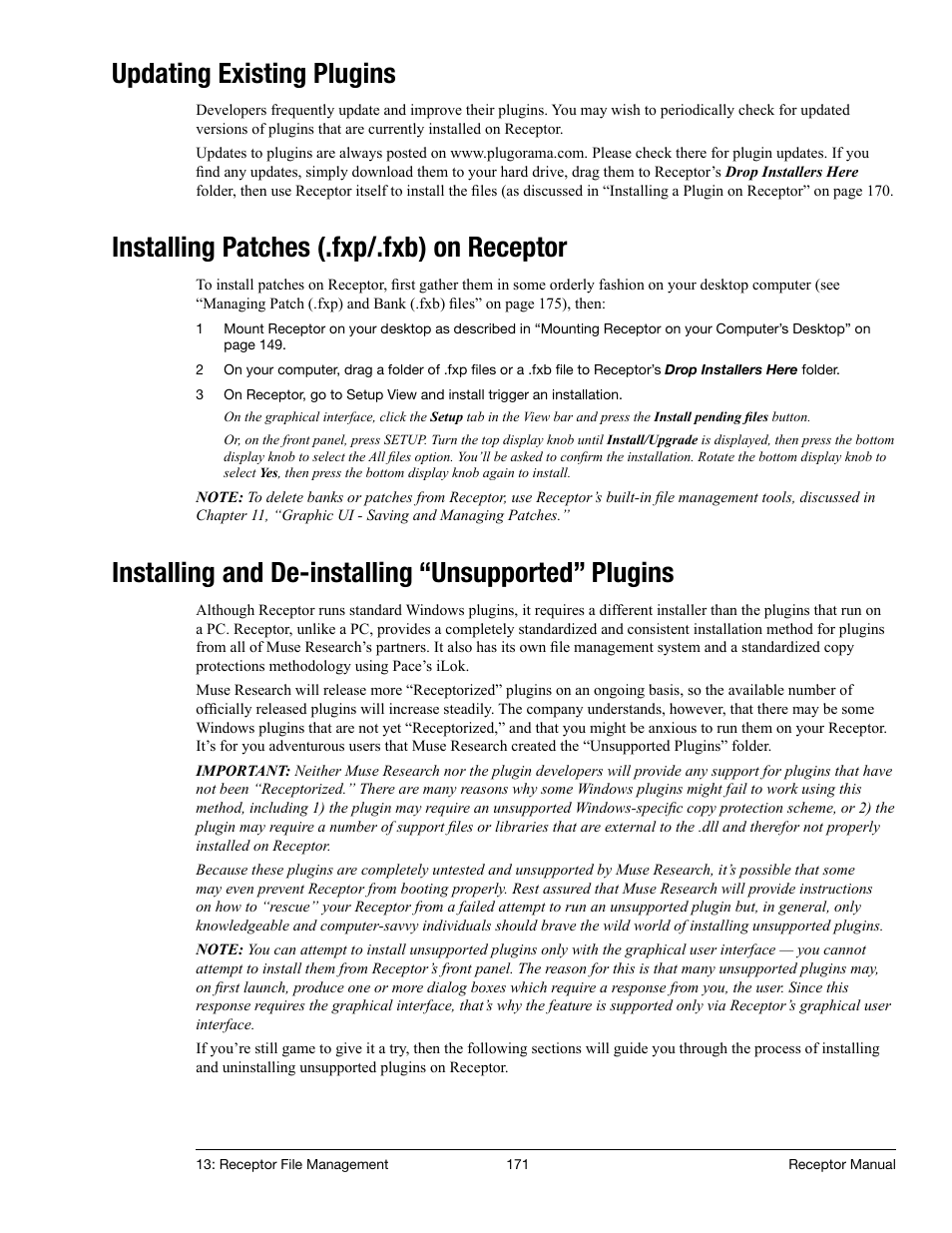 Updating existing plugins, Installing patches (.fxp/.fxb) on receptor, Installing and de-installing “unsupported” plugins | Muse Research Receptor manual v1.2 User Manual | Page 171 / 194