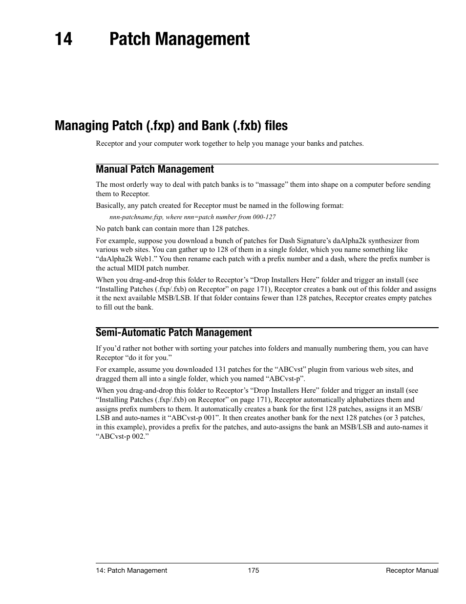 14 patch management, Managing patch (.fxp) and bank (.fxb) files, Manual patch management | Semi-automatic patch management, Patch management, Managing patch (.fxp) and bank (.fxb) ﬁles | Muse Research Receptor manual v1.2 User Manual | Page 175 / 194