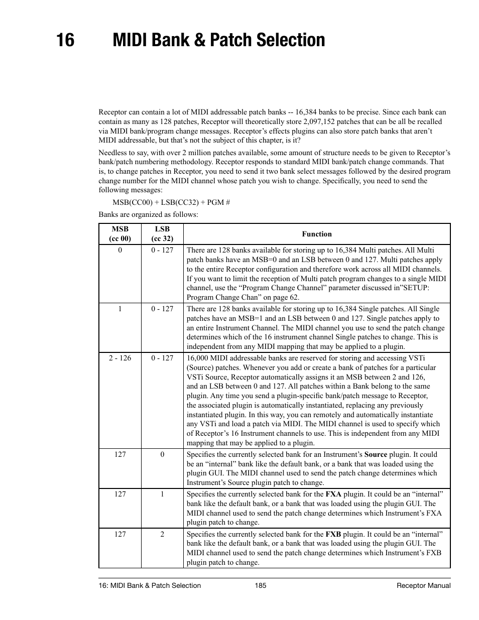 16 midi bank & patch selection, Midi bank & patch selection | Muse Research Receptor manual v1.2 User Manual | Page 185 / 194