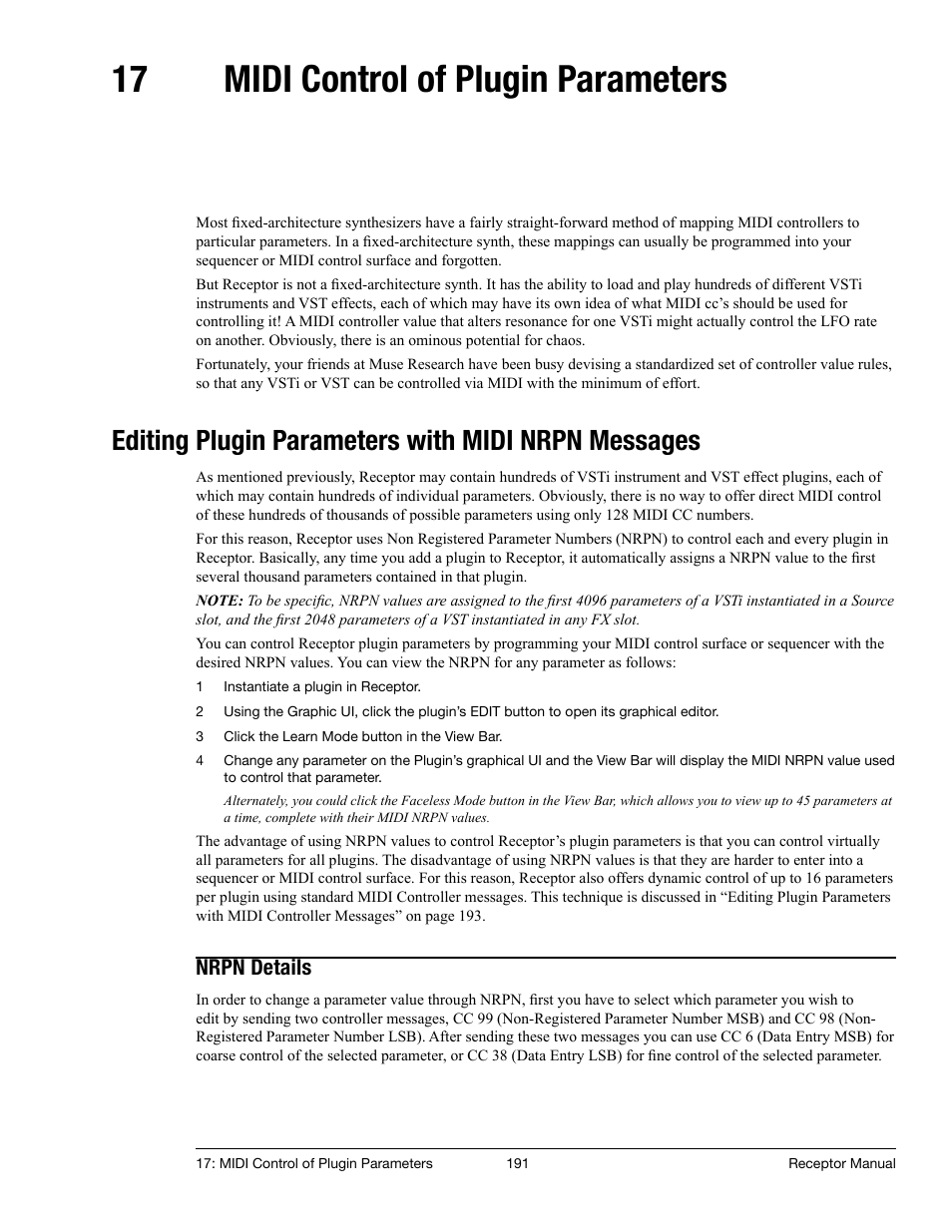 17 midi control of plugin parameters, Editing plugin parameters with midi nrpn messages, Nrpn details | Midi control of plugin parameters | Muse Research Receptor manual v1.2 User Manual | Page 191 / 194