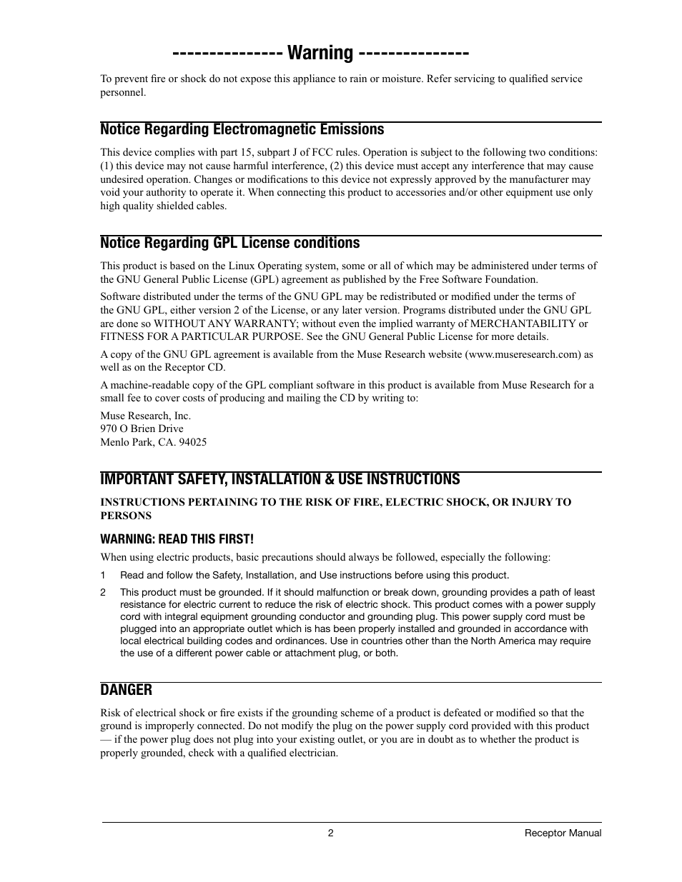 Warning, Notice regarding electromagnetic emissions, Notice regarding gpl license conditions | Important safety, installation & use instructions, Danger | Muse Research Receptor manual v1.2 User Manual | Page 2 / 194