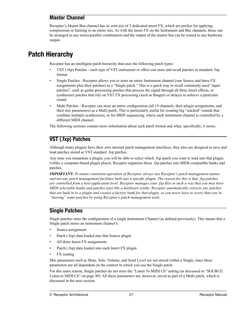 Master channel, Patch hierarchy, Vst (.fxp) patches | Single patches | Muse Research Receptor manual v1.2 User Manual | Page 27 / 194