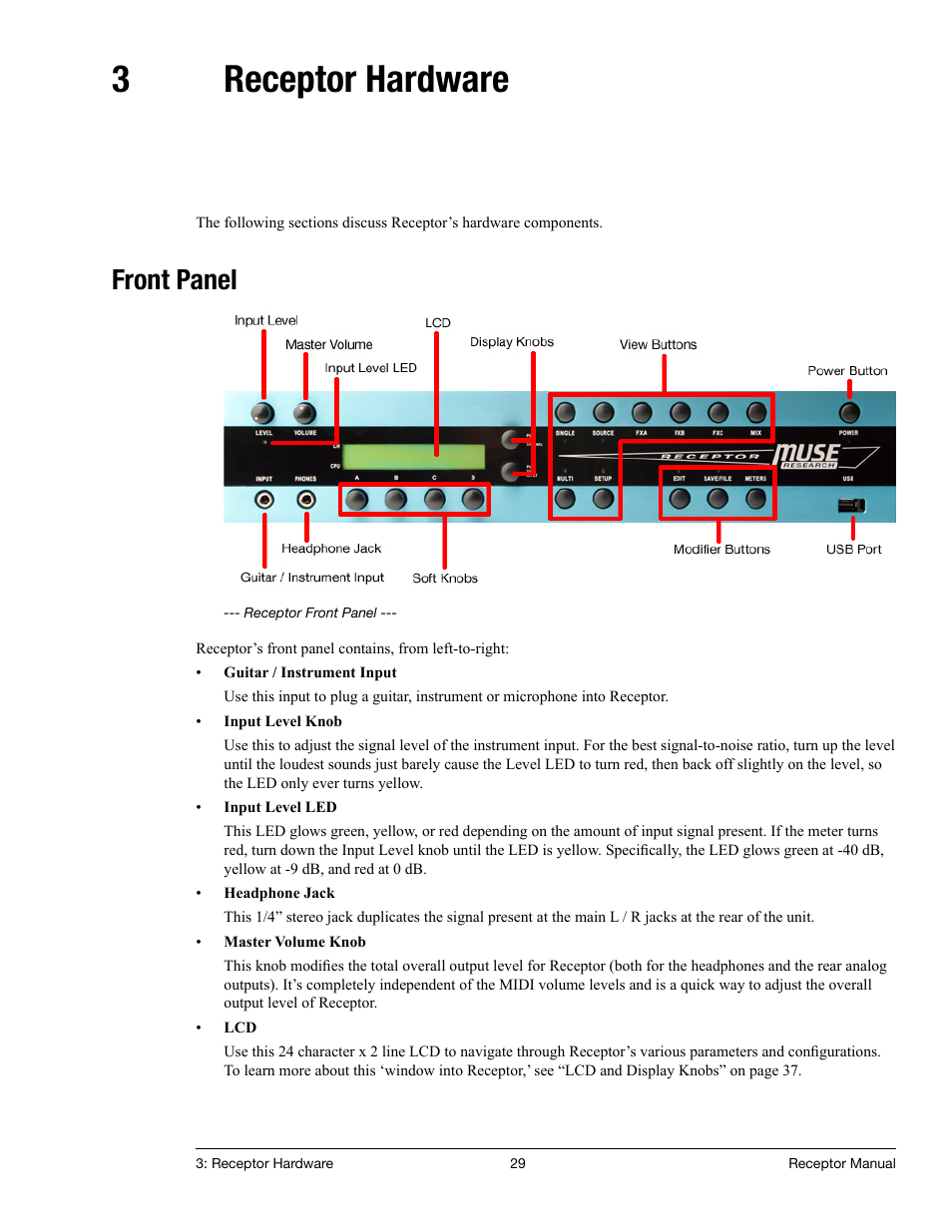 3 receptor hardware, Front panel, Receptor hardware | 3receptor hardware | Muse Research Receptor manual v1.2 User Manual | Page 29 / 194