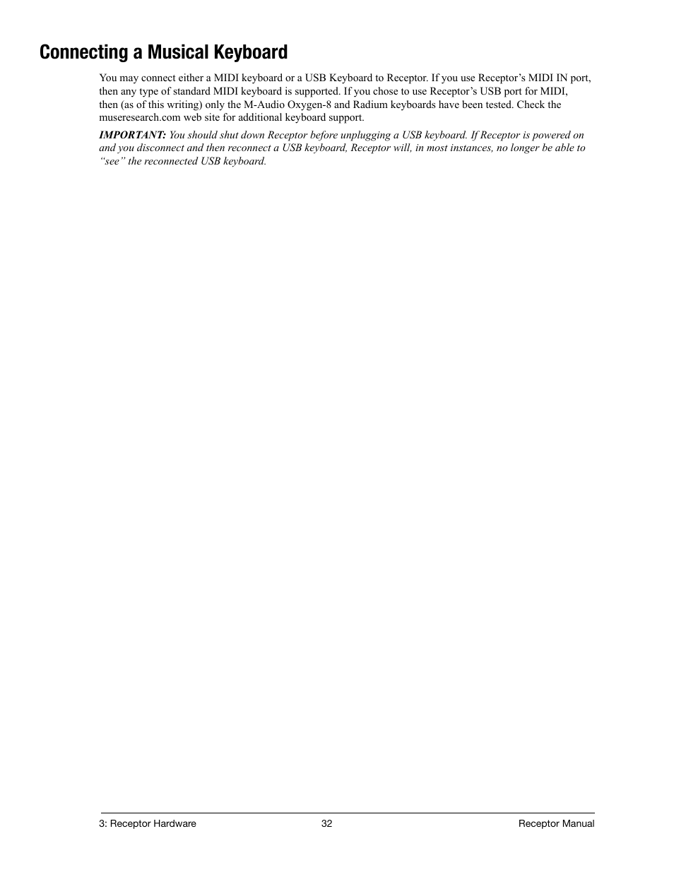 Connecting a musical keyboard | Muse Research Receptor manual v1.2 User Manual | Page 32 / 194
