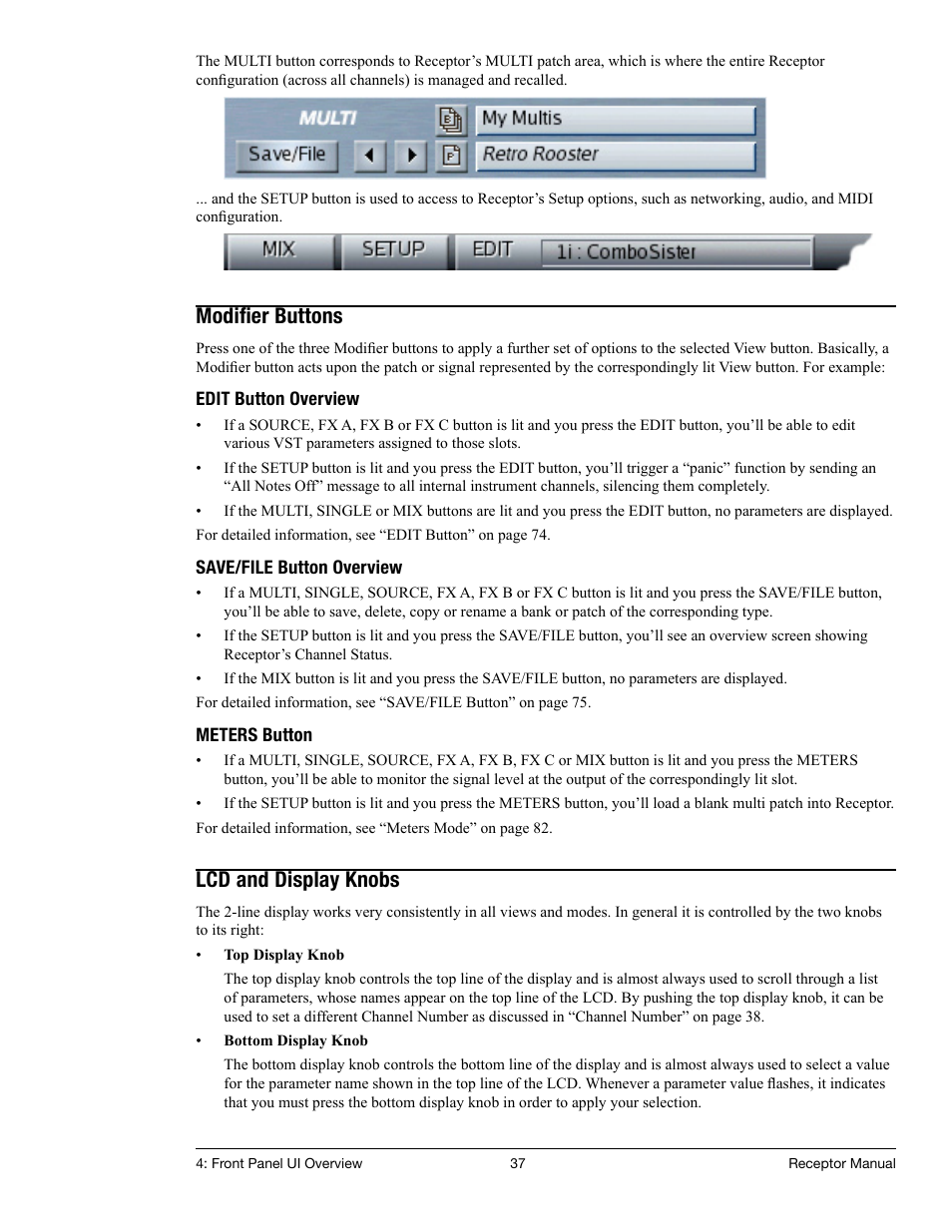 Modifier buttons, Lcd and display knobs, Modiﬁer buttons | Muse Research Receptor manual v1.2 User Manual | Page 37 / 194